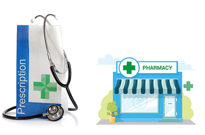 Image of a prescription and a pharmacy exterior